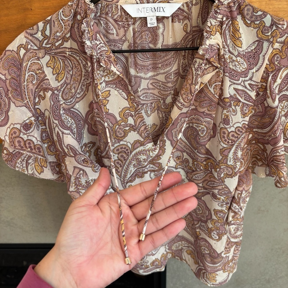 Intermix Silk Ruffle Blouse Metallic Thread, Size P - Picture 6 of 11